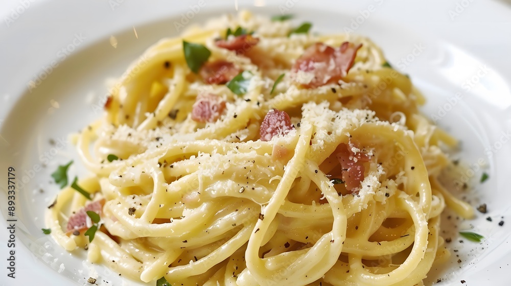 Delicious Spaghetti Carbonara on a White Plate. Delicious Spaghetti Carbonara on a White Plate.