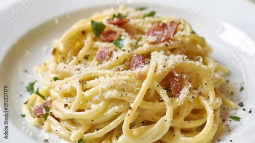 Delicious Spaghetti Carbonara on a White Plate.