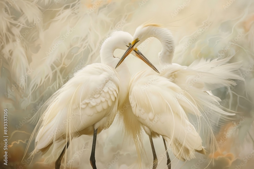 Fototapeta premium Two Great egrets in breeding pummage