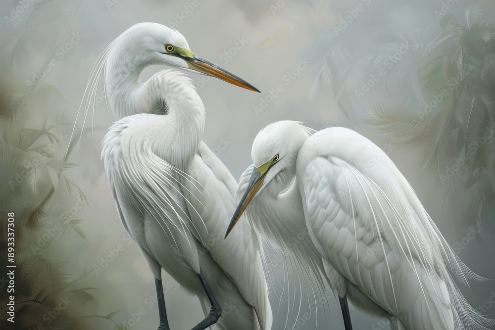 Fototapeta premium Two Great egrets in breeding pummage