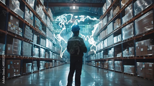 In the warehouse, a worker stands with a holographic map behind, highlighting global trade logistics and distribution