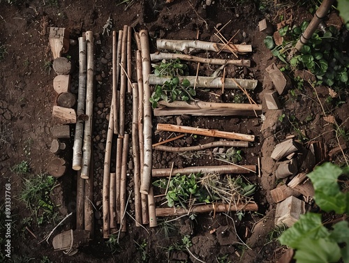 Embracing Sustainability: Aerial View of Hugelkultur Raised Bed Construction photo