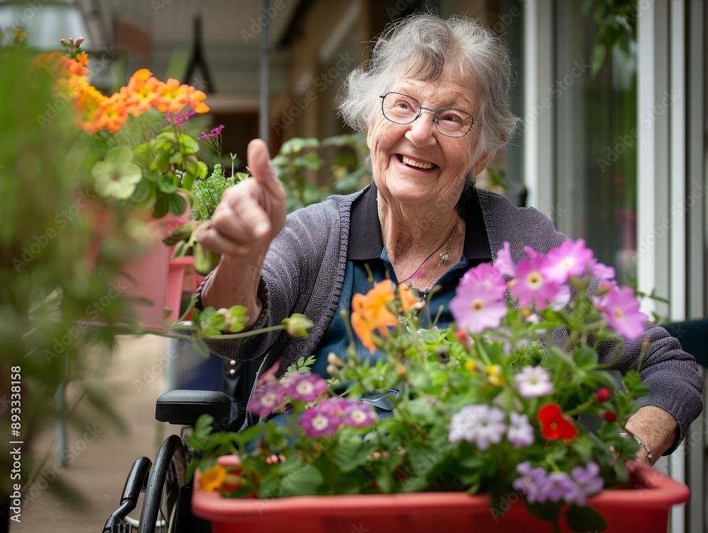 Blooming in Bloom: Joyful Elderly Woman Cultivates Flowers in Wheelchair-Accessible Garden at Assist Blooming in Bloom: Joyful Elderly Woman Cultivates Flowers in Wheelchair-Accessible Garden at Assist