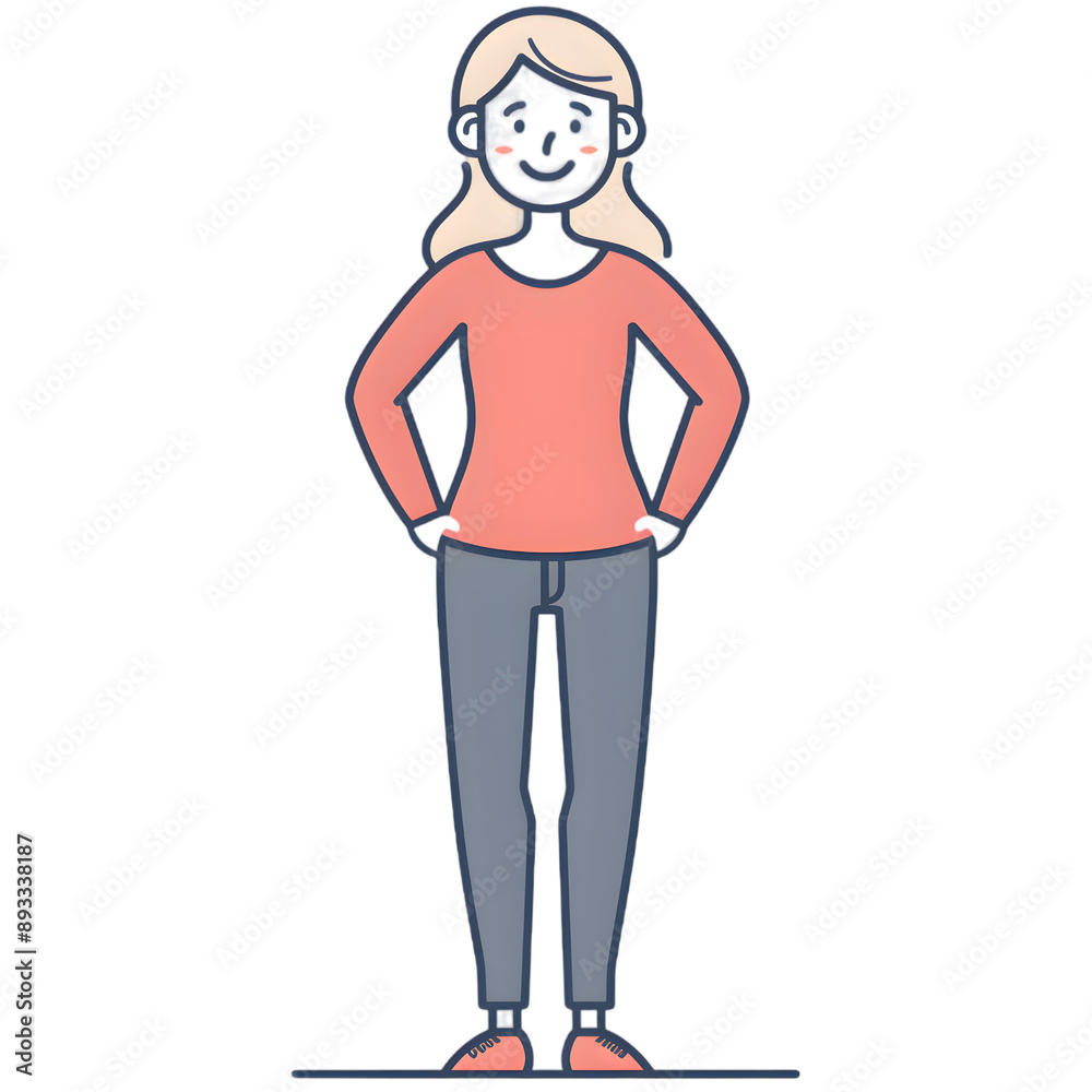 Fototapeta premium Cartoon woman smiling, full body standing, isolated on transparent background. Flat design, Solid color.