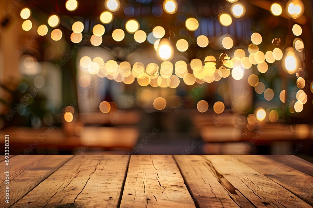 Empty wooden table top with lights bokeh on blur restaurant background with generative ai Empty wooden table top with lights bokeh on blur restaurant background with generative ai