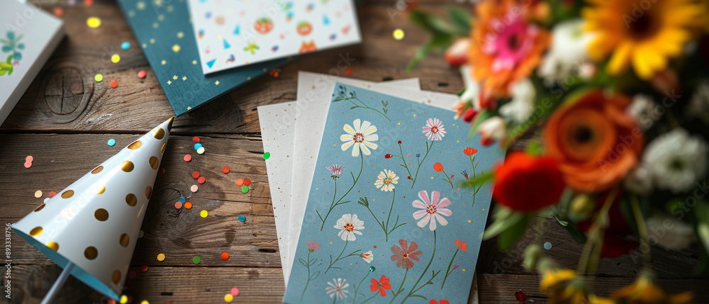 Obraz premium playful birthday aesthetics, Cheerful handcrafted birthday cards with playful illustrations and bright colors, set on a wooden table with fresh flowers and a party hat.