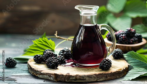 Blackberry juice or syrup in glass cruet on wooden board with fresh berries and green leaves on background photo