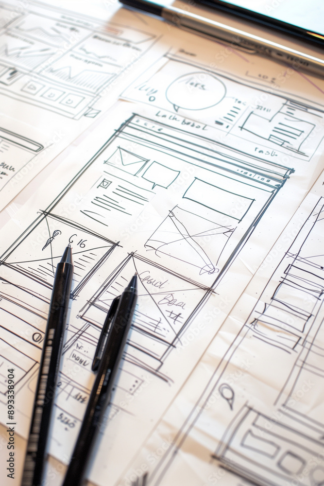 Sketched wireframes of a website layout with pens on paper