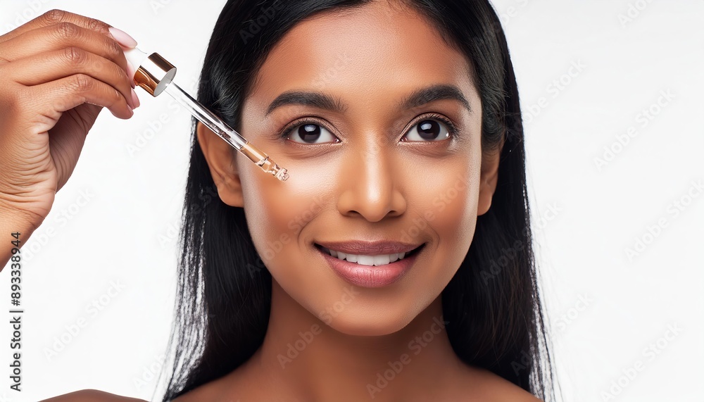 Obraz premium Beautiful Woman holding a Pipette with Skincare Serum - Applying Serum to her Face - Hyaluronic Acid, Anti Aging, Moisturiser, Repair, Hydrating, Vitamin, Ascorbic, Retinol, Exfoliant, Azelaic