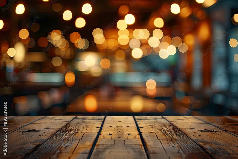 Empty wooden table top with lights bokeh on blur restaurant background with generative ai Empty wooden table top with lights bokeh on blur restaurant background with generative ai