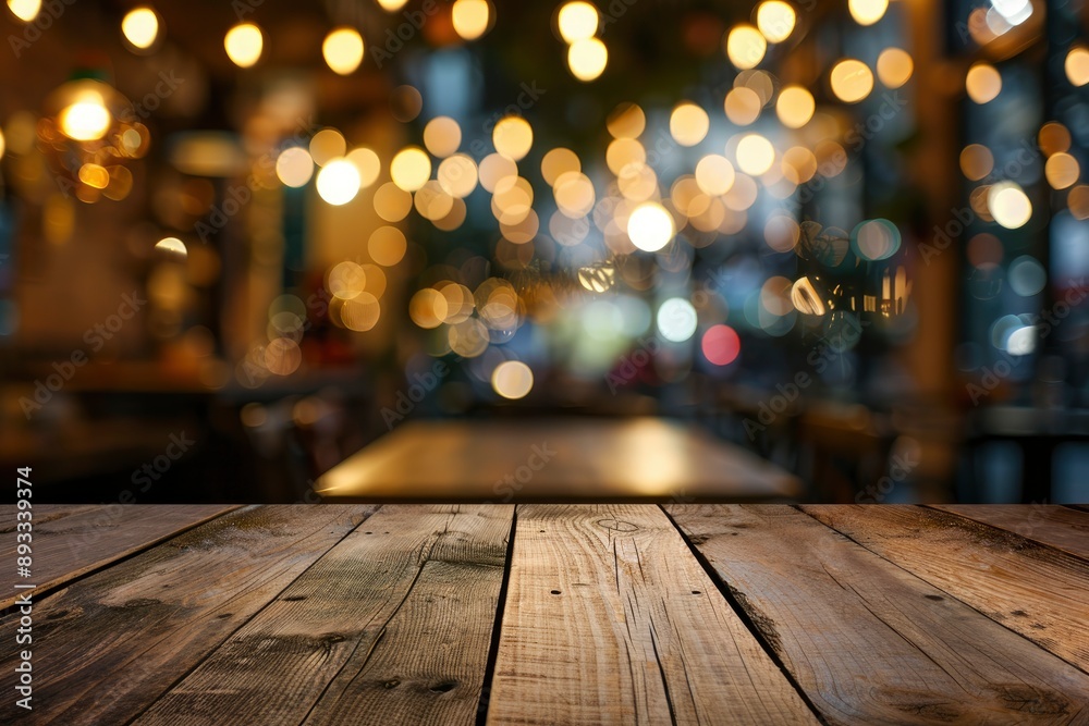 Empty wooden table top with lights bokeh on blur restaurant background with generative ai Empty wooden table top with lights bokeh on blur restaurant background with generative ai