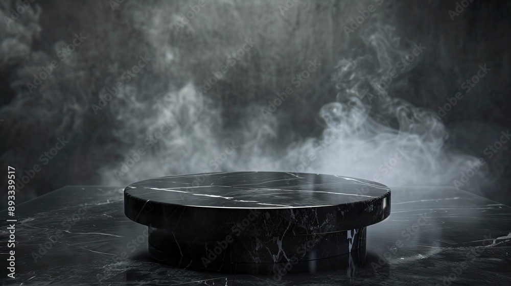 Empty black marble table podium with black stone floor in dark room with smoke.
