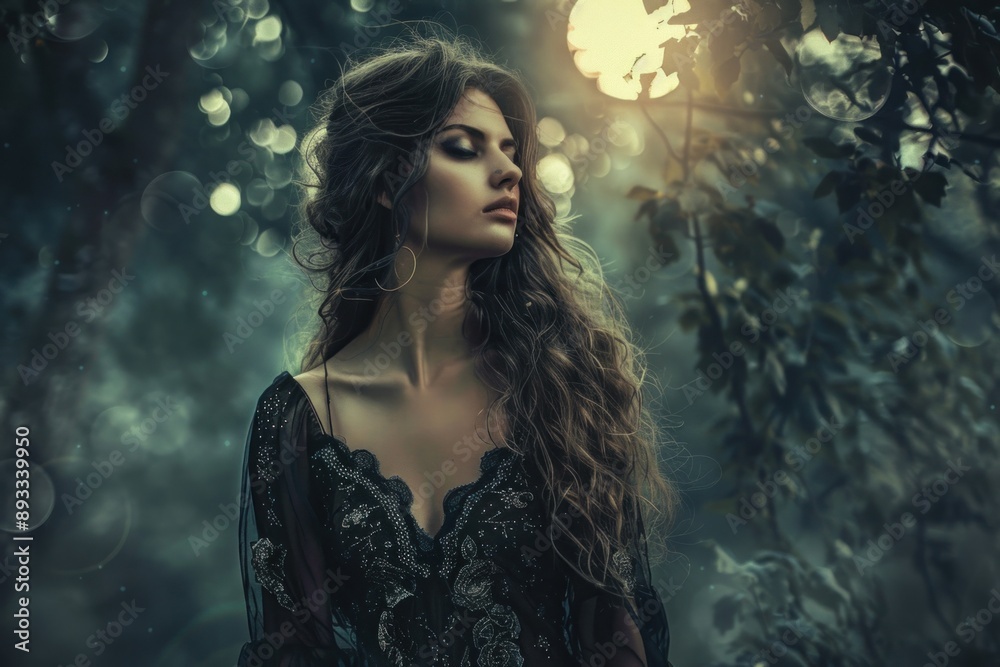 Beautiful young woman posing in dark mystical forest Beautiful young woman posing in dark mystical forest