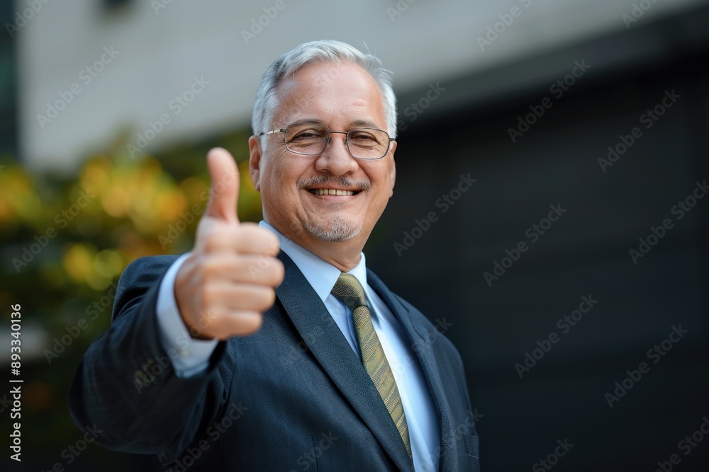 Smiling senior businessman making thumbs up gesture outdoors Smiling senior businessman making thumbs up gesture outdoors