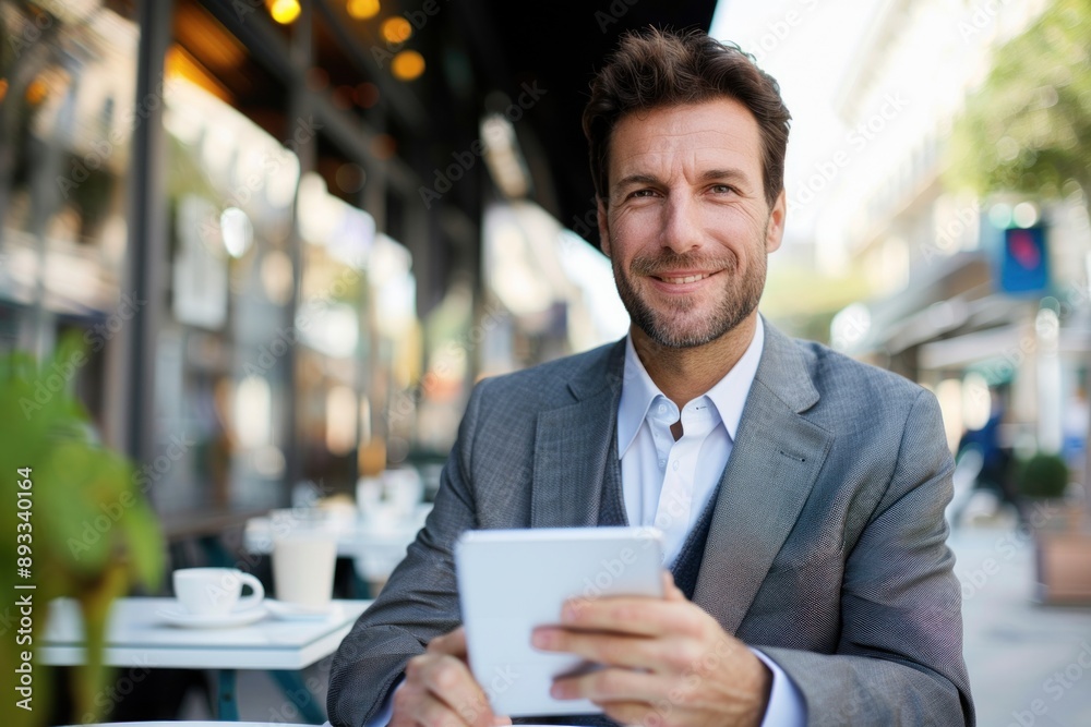 Businessman smiling using digital tablet at coffee shop Businessman smiling using digital tablet at coffee shop