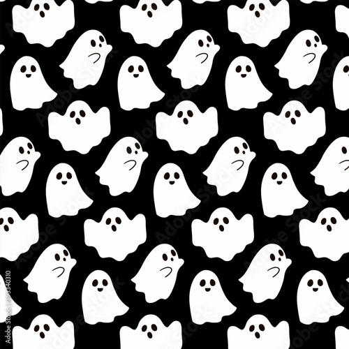 Seamless pattern with cute ghosts. Festive background for Halloween. Repeating print for fabric, wrapping paper, textile