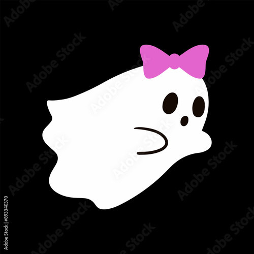 Cute ghost with a pink bow. Happy halloween funny scary character, spooky expression creature. Holiday print. Mystery creative vector clipart