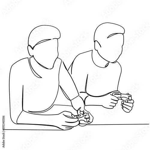 continuous single drawn one line children playing a game console hand-drawn picture silhouette. Line art. doodle