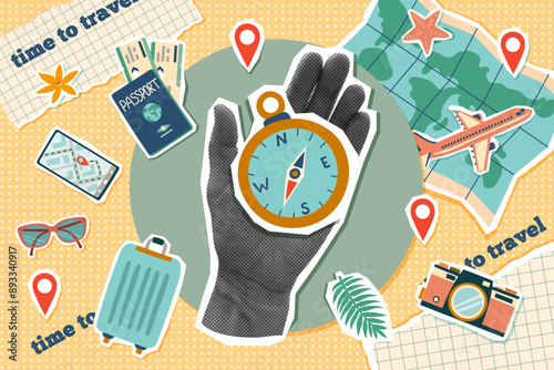 Travel collage. Summer vacation banner. Summer and travel concept. Travel banner with stickers. Summer travel destinations.