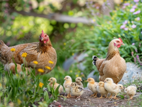 Motherly Aseel Hen Nurturing Chicks in Backyard Garden