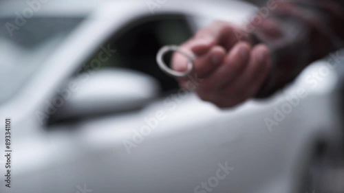 Male hand gives a car keys to male hand in the car dealership close up.