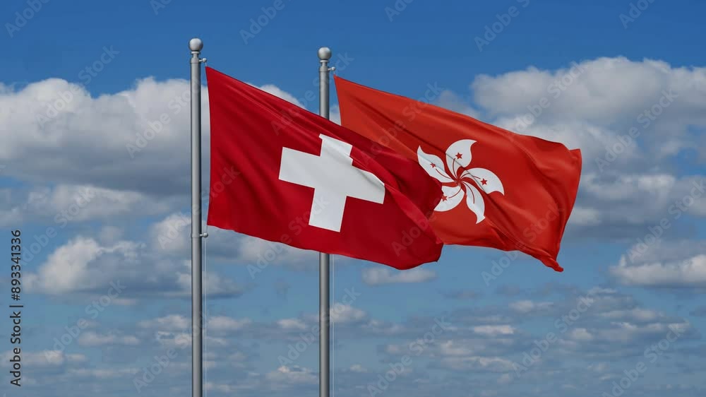 Hong Kong and Switzerland flags flying together, video concept of the relationship, two country relations concept Hong Kong and Switzerland flags flying together, video concept of the relationship, two country relations concept