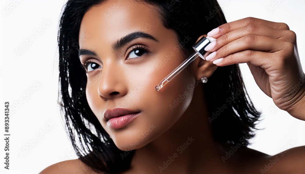 Obraz premium Beautiful Woman holding a Pipette with Skincare Serum - Applying Serum to her Face - Hyaluronic Acid, Anti Aging, Moisturiser, Repair, Hydrating, Vitamin, Ascorbic, Retinol, Exfoliant, Azelaic