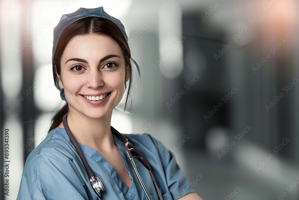 Portrait of a smiling female nurse in a hospital hall.