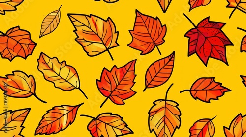 Colorful autumn leaves scattered on a yellow background