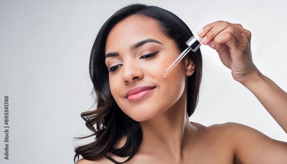 Beautiful Woman holding a Pipette with Skincare Serum - Applying Serum to her Face - Hyaluronic Acid, Anti Aging, Moisturiser, Repair, Hydrating, Vitamin, Ascorbic, Retinol, Exfoliant, Azelaic Beautiful Woman holding a Pipette with Skincare Serum - Applying Serum to her Face - Hyaluronic Acid, Anti Aging, Moisturiser, Repair, Hydrating, Vitamin, Ascorbic, Retinol, Exfoliant, Azelaic