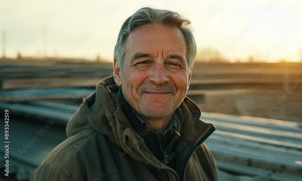 Medium shot portrait video of a pleased man in his 50s wearing a warm parka against a construction site or work zone background Medium shot portrait video of a pleased man in his 50s wearing a warm parka against a construction site or work zone background
