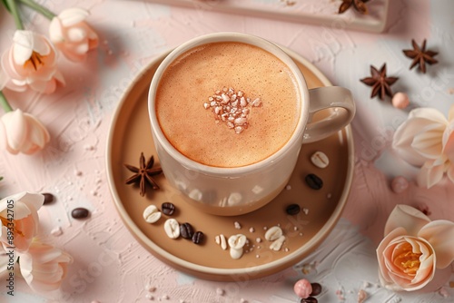 Cup of cappuccino captured in a close-up shot.