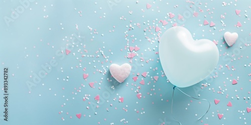 heart-shaped balloons with confetti on light blue background, perfect for romantic occasions