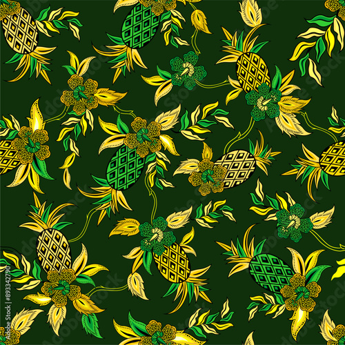 The seamless classic Batik pattern from Subang - West Java - Indonesia, called motif batik nanas subang. Calm vibe on a Tropical green color scheme 