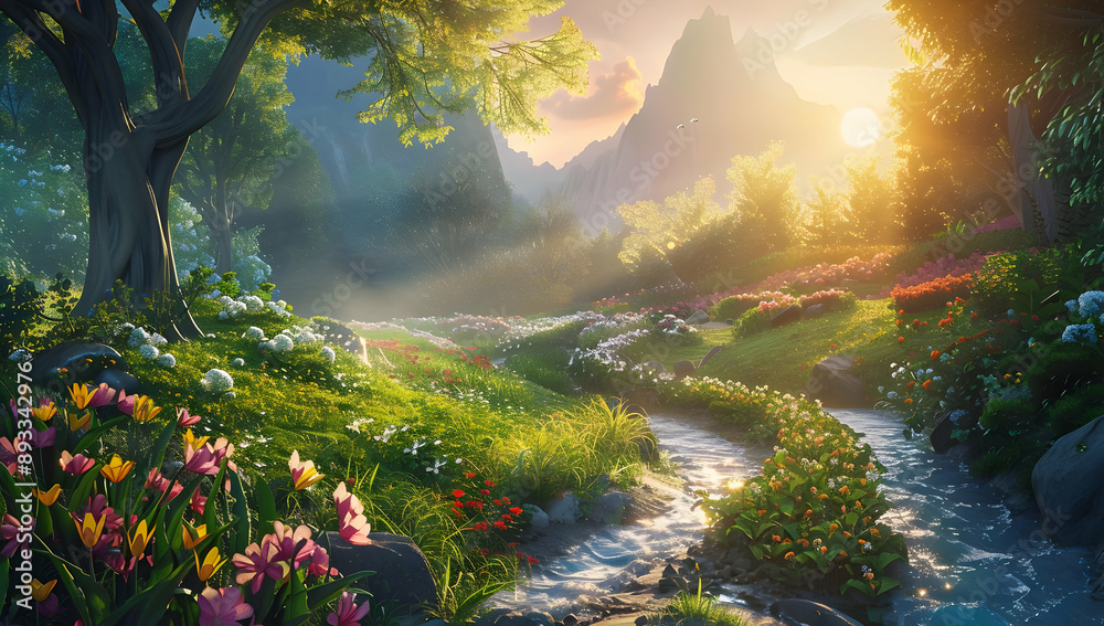 Scenic sunrise over a serene mountain valley with a winding path, vibrant flowers, lush greenery, and warm, golden light. Scenic sunrise over a serene mountain valley with a winding path, vibrant flowers, lush greenery, and warm, golden light.