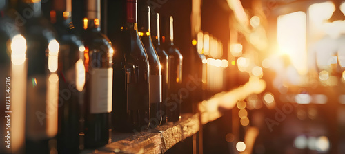 Row of wine bottles on a wooden shelf in warm sunlight, creating an inviting and cozy atmosphere. Perfect for wine lovers and collectors.