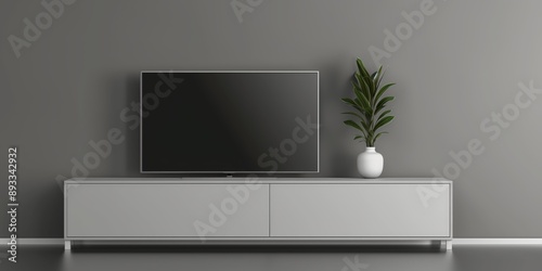 A minimalist, modern living room with a wall-mounted TV on a white console cabinet, sleek furniture, and elegant decor in gray and green tones.