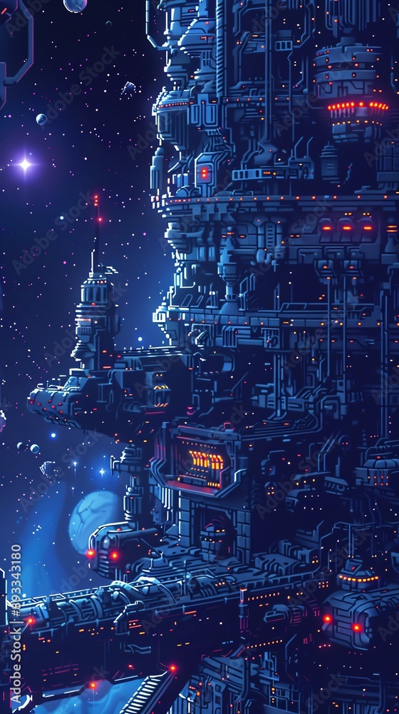Futuristic space station floating in deep space, with illuminated structures and a distant planet in the background. Futuristic space station floating in deep space, with illuminated structures and a distant planet in the background.