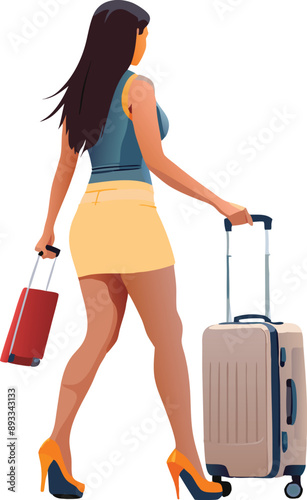 Businesswoman is walking away pulling a suitcase on wheels