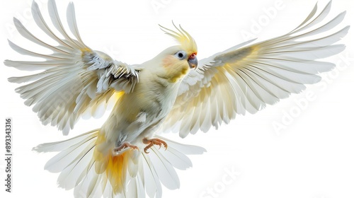A Cockatiel in mid-flight, captured with wings spread wide, isolated on a white background.