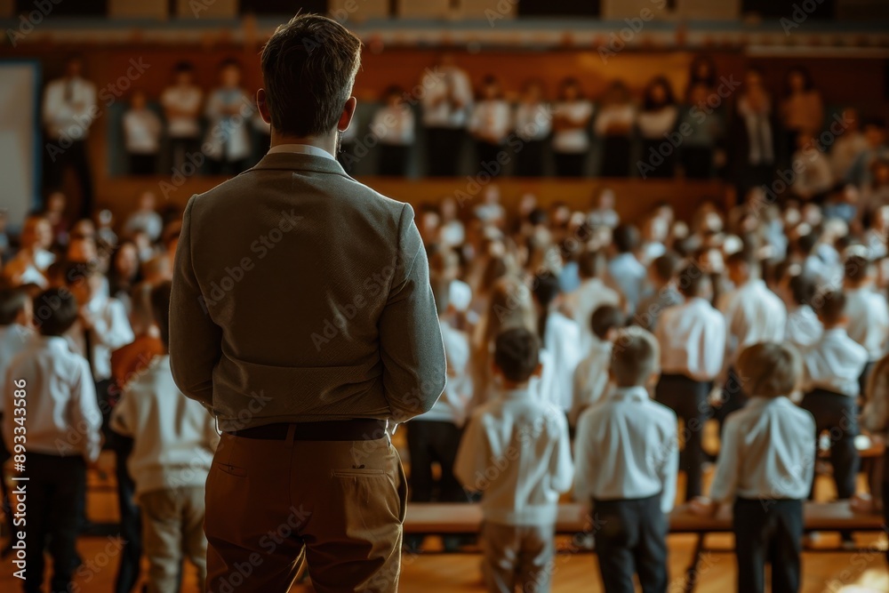 © Nathaphat - Engaged Teacher Supervising Students at School Event in Spacious Hall