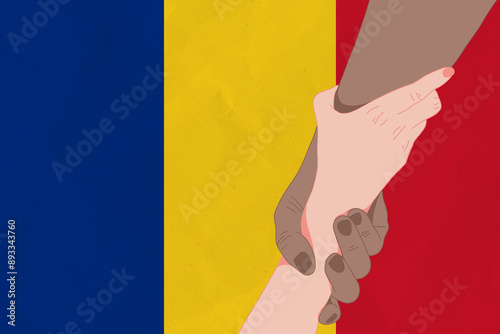 Helping hand against the Romania flag. The concept of support. Two hands taking each other. A helping hand for those injured in the fighting, lend a hand photo