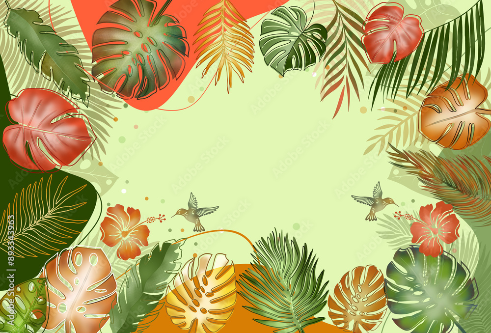 Colorful summer tropical background template with frame of leaves and flowers in orange , green and coral colors and flying hummingbirds. Flat lay ,free copy space.Party invitation concept.
Colorful summer tropical background template with frame of leaves and flowers in orange , green and coral colors and flying hummingbirds. Flat lay ,free copy space.Party invitation concept.