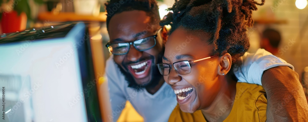 A man and woman are laughing at a computer screen. A man and woman are laughing at a computer screen.