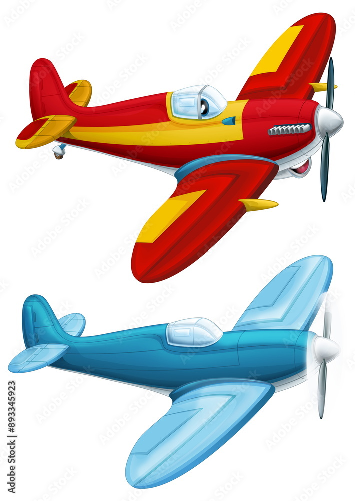 Naklejka premium cartoon happy traditional plane with propeller flying on white background illustration for children