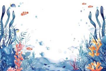 Watercolor sea plants and fish border white background.