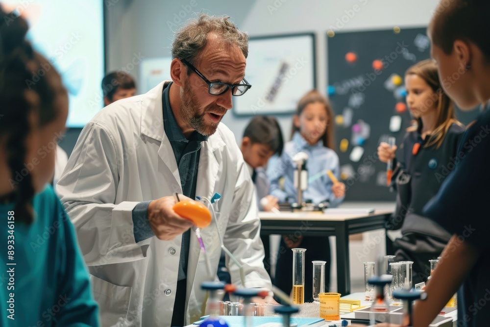 Obraz premium Engaging Science Fair Event with Educator Supervising Students' Presentations to Judges