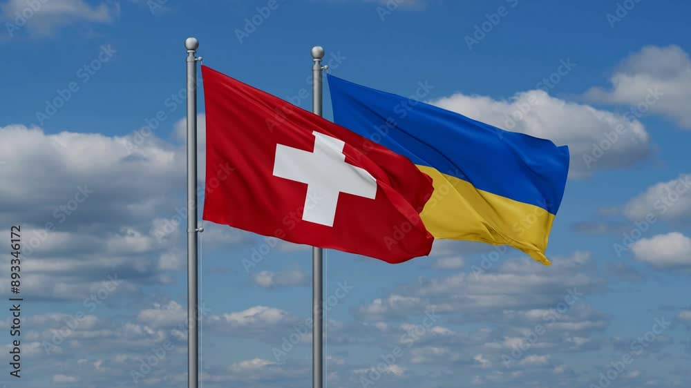 Ukraine and Switzerland flags flying together, video concept of the relationship, two country relations concept Ukraine and Switzerland flags flying together, video concept of the relationship, two country relations concept