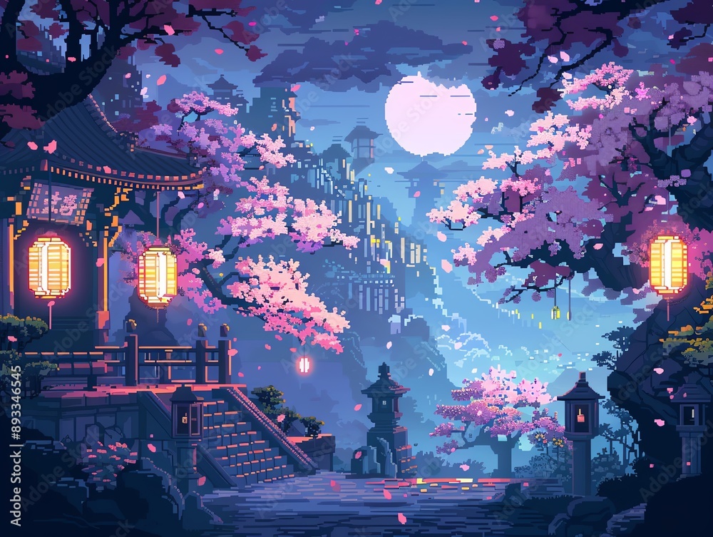 Obraz premium A beautiful digital artwork of a nighttime scene with blossom trees, lanterns, and traditional architecture under a full moon.