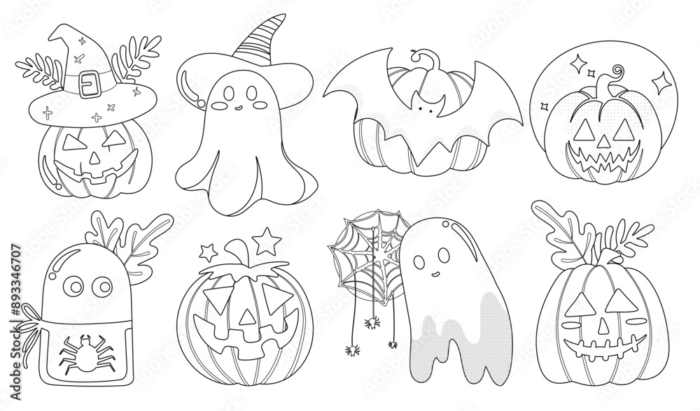 Set of isolated Halloween decoration elements for sticker, badge, tag or label in cute graphic illustration style on transparent background, Volume 7: Black outline style. Set of isolated Halloween decoration elements for sticker, badge, tag or label in cute graphic illustration style on transparent background, Volume 7: Black outline style.